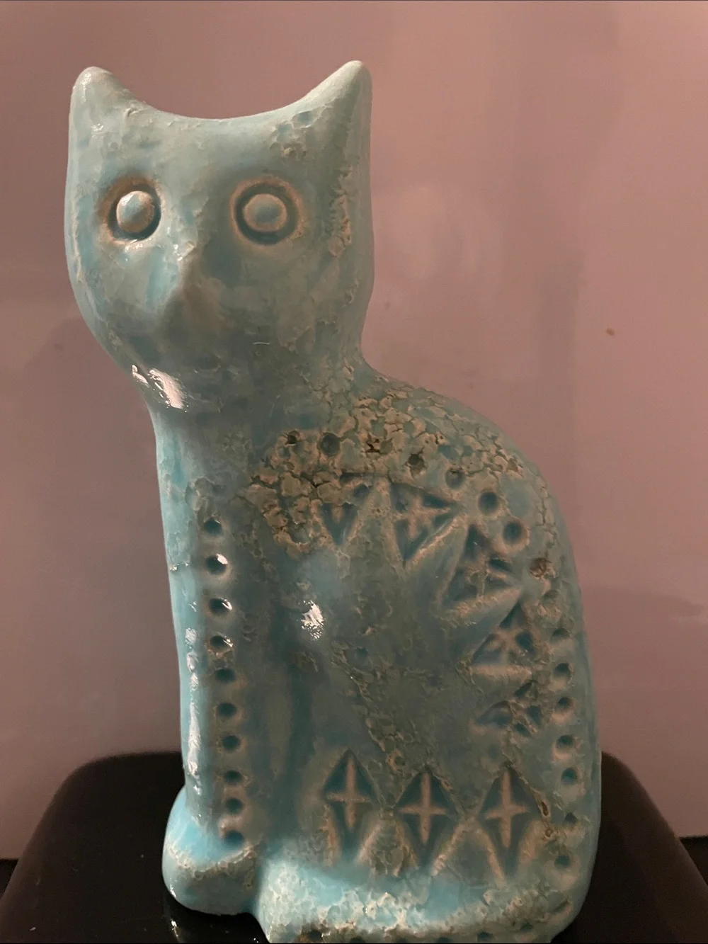 Glazed Turquoise Ceramic Cat Figurine Accent on Black Lacquered Ceramic Stand